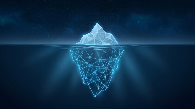 Digital Iceberg Concept with Wireframe Structure Underwater Showing Hidden Depth Technology