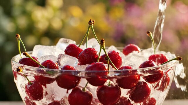 AI generated 4k video of fresh red cherries with ice being washed in slow motion under warm sunlight.