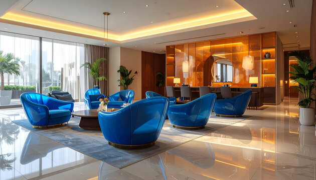 Luxurious hotel lobby with vibrant blue armchairs and warm lighting.