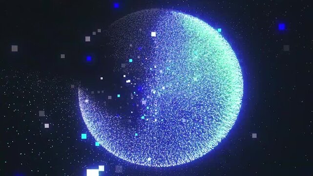Futuristic digital globe particle animation, glowing blue tech planet earth rotating with big data network and flying square particles cyber background loop