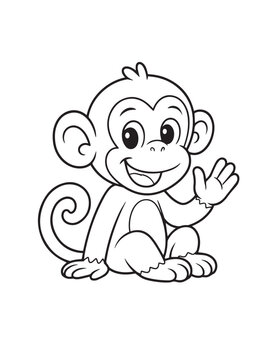Cute cartoon monkey waving hand sitting outline drawing with illustration coloring wildlife