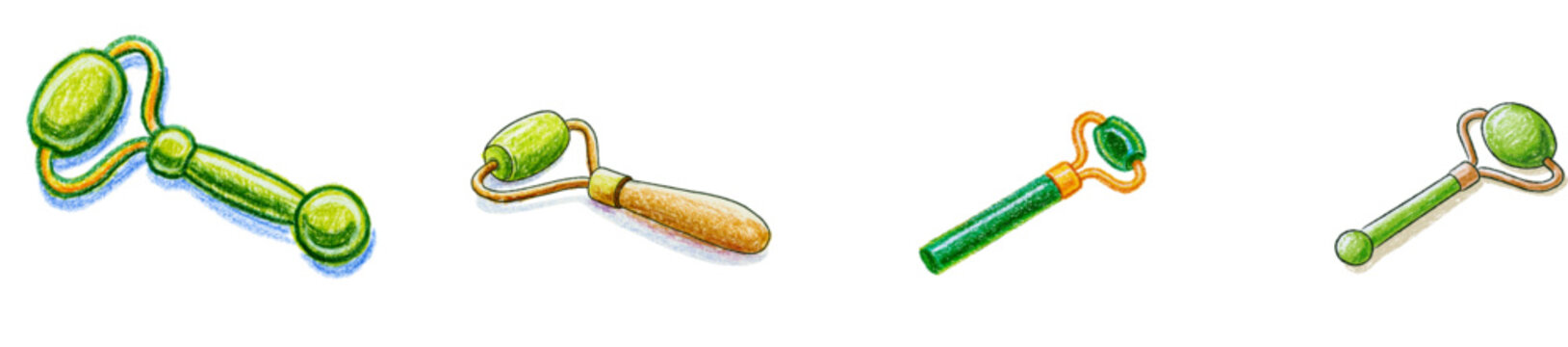 A cute, hand-drawn jade roller massager with a crayon texture and vibrant colors is isolated on a white background