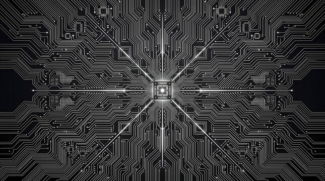 Symmetrical Futuristic Circuit Board Pattern with Glowing Center on Dark Technology Background