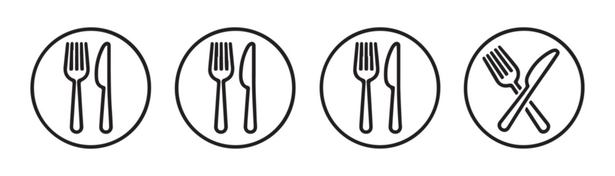 Restaurant symbols set of fork and knife icons in circles for menu design.