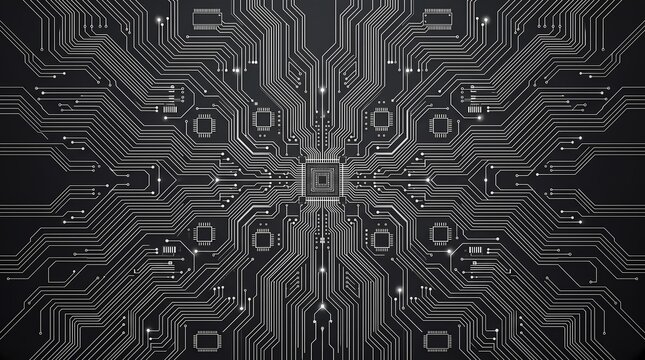 Minimalist Dark Circuit Board Pattern with Central Microchip Technology Background Design