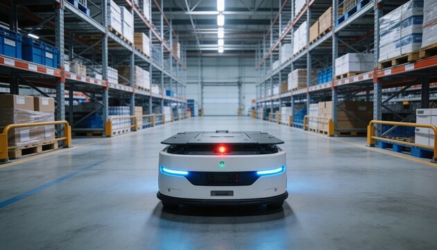 Rolling autonomous mobile robot navigating long warehouse aisle, with pallet racks and blue bins