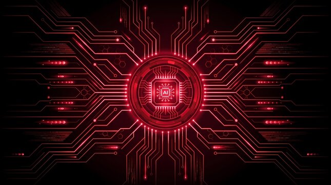 Red Digital Processor Core. Futuristic Microchip Circuit Technology. Advanced Computing Network Background. Neon Cyber Tech Illustration