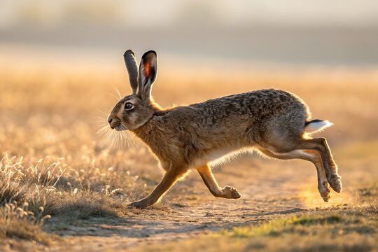 European hare running through a grassy field at sunrise with golden rim lighting