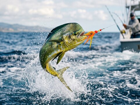 exciting mahi mahi leaping water fishing lure saltwater adventure sport catch
