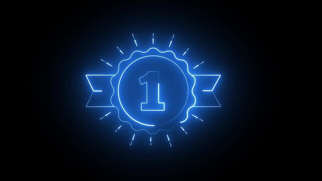 Glowing blue neon number one badge with ribbon on black background