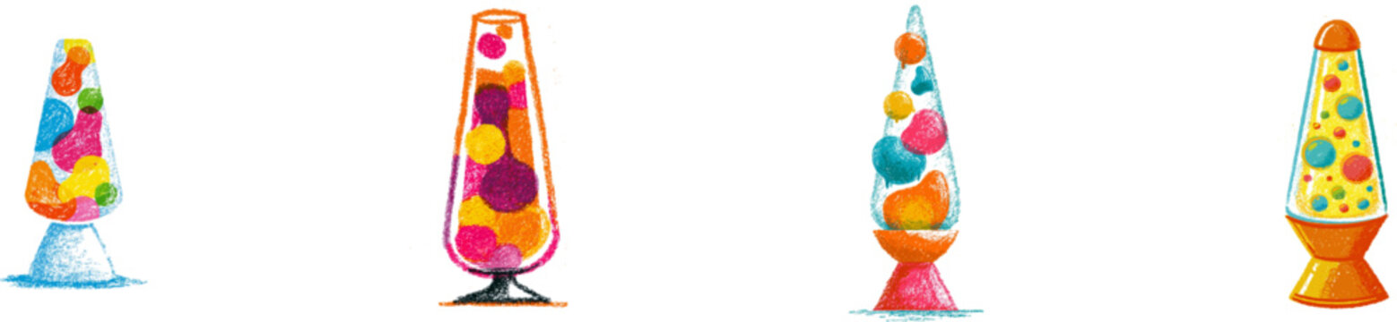 A charming retro lava lamp with floating blobs of glowing wax in vibrant colors is depicted in a naive child-like style against a pure white background