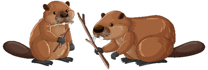 Obraz premium Cartoon Beavers Holding Wooden Sticks for Dam Building Illustration