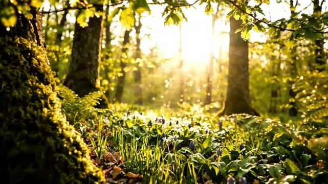 Beautiful spring forest at sunrise, ultra realistic nature scene, low angle camera positioned close to fresh green grass, warm golden sunlight shining through tall forest trees, dreamy green