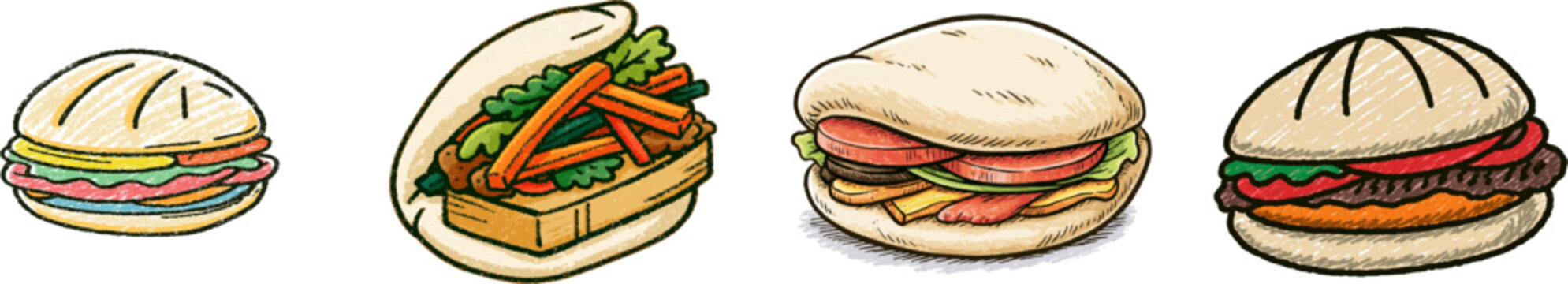 A charming hand-drawn doodle of a steamed Asian open bao bun with vibrant, colorful ingredients, rendered in crayon texture on a pure white background