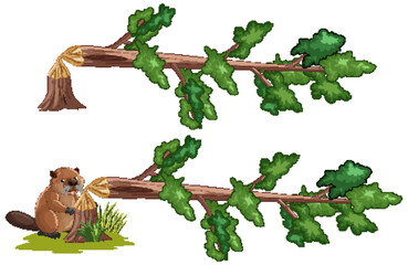 Obraz premium Vector Illustration of a Beaver Gnawing on a Fallen Tree