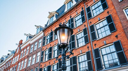 Obraz premium Vintage street lamp illuminated in front of historic European red brick buildings and black shutters