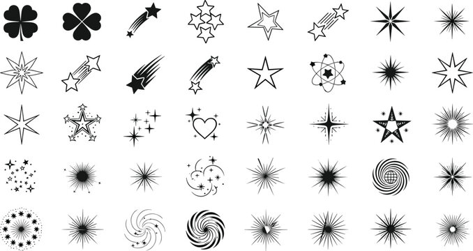 Star sparkle icons, cosmic abstract artwork, decorative celestial symbols, magical design graphics, fantasy motif illustration, flat vector illustration