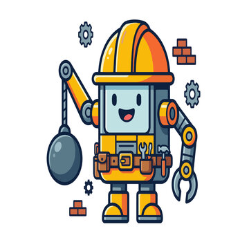 Construction Robot with Wrecking Ball and Tool Belt Illustration