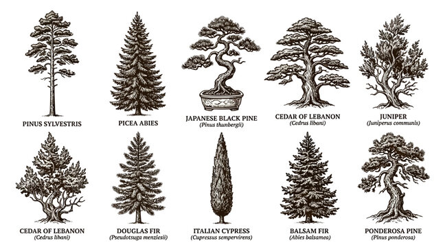 Vintage botanical illustration set of coniferous trees including pine, fir, spruce, and juniper with scientific names, hand-drawn woodcut style on white background for nature design projects.