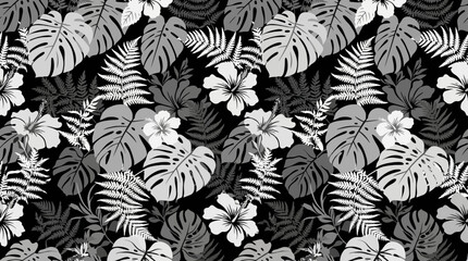Elegant seamless tropical pattern featuring gray and white Monstera deliciosa leaves, fern fronds, and hibiscus flowers on a dark black background, ideal for textile prints and modern wallpaper. © Ayong
