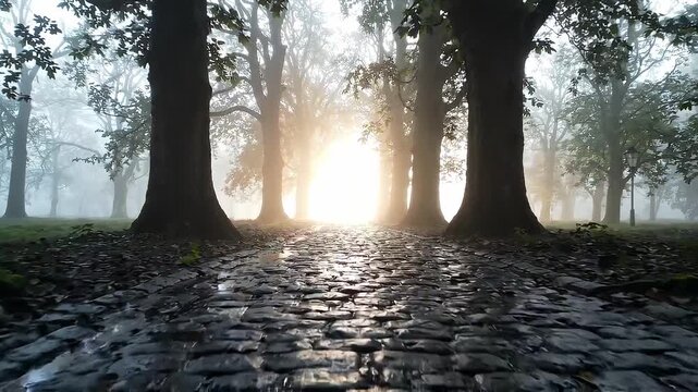 Sunrise glows through forest trees over cobblestone path, low-angle view with misty woodland, wet ground reflections, and tall trunks framing bright backlight through dense branches and soft haze.
