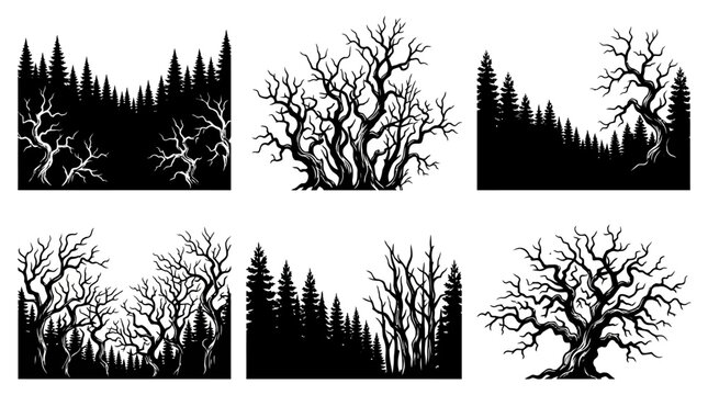 Set of black and white silhouette illustrations featuring spooky gnarled trees and dense pine forests, perfect for nature-themed designs, Halloween backgrounds, and artistic landscape projects.