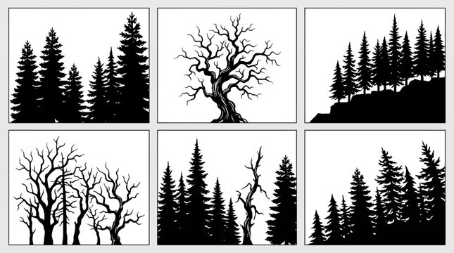 Collection of Six Black and White Tree Silhouette Panels Featuring Pine Forests and Bare Winter Trees for Nature Graphic Design and Decorative Minimalist Landscape Illustrations