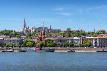 Panoramic View of Buda Castle and Széchenyi Chain Bridge Over the Danube River in Budapest, Hungary