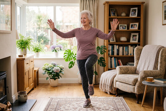 Senior woman doing exercise in living room while smiling and balancing on one leg during morning routine