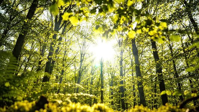 Ultra realistic spring forest canopy viewed from ground level looking upward, sunlight filtering through vibrant green leaves, glowing yellow bokeh highlights dancing in the background