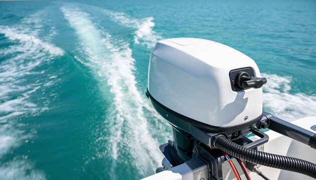 Propelling white outboard motor pushing boat across turquoise water, with foamy wake, copy space