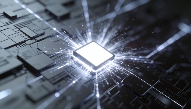 Glowing square microchip sending sparks along PCB traces, with surface-mount components
