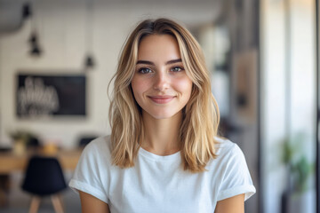 Fototapeta premium Smiling young woman with long hair in a bright office environment