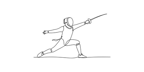 Fototapeta premium A fencer in a fighting stance with a sword in hand, wearing protective gear, isolated on white background