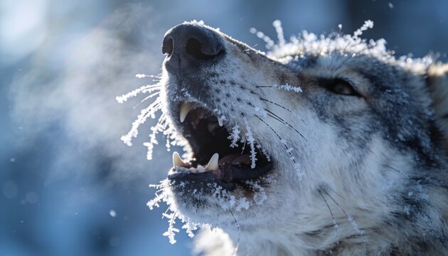 Baring wolf head, showing canine teeth and frosted whiskers in snowy tundra, with breath vapor