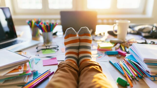 Person taking a break, resting feet on a cluttered project desk in a creative home office, working in comfort