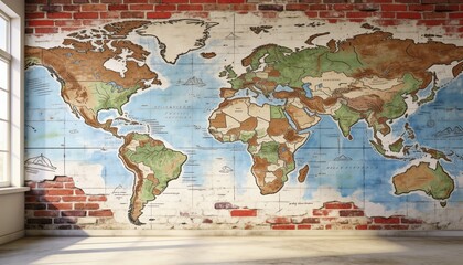 Naklejka premium Displaying vintage world map mural on exposed red brick wall in loft with multi-pane window light