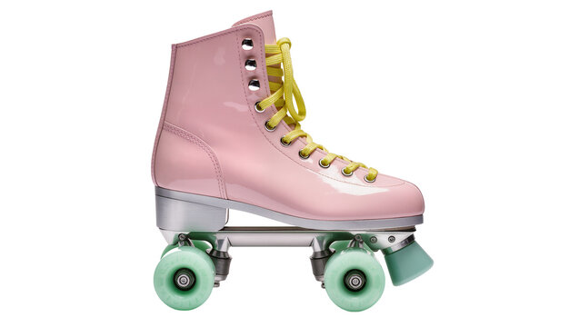 Pink patent leather roller skate with yellow laces and mint green wheels