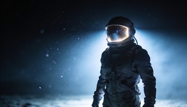Standing astronaut in pressurized suit on dusty regolith, with helmet, hoses, harness, copy space