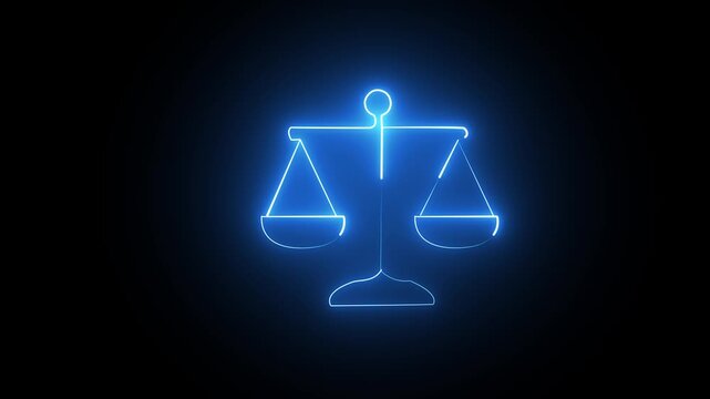 Glowing blue neon light scale icon representing law and justice on a dark background