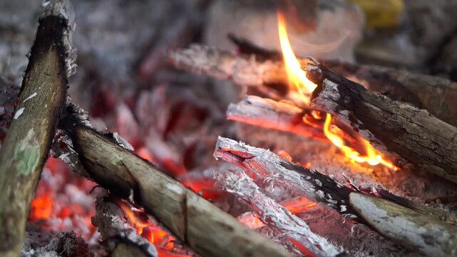 Close-up shot of bright orange flames burning traditional firewood inside a simple outdoor stone hearth.	