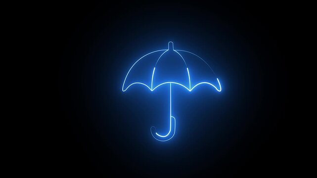 Glowing blue neon umbrella icon on a dark black background