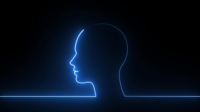 Glowing blue neon outline of a human head profile on a dark background