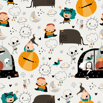 Cute cartoon monsters seamless pattern with crazy character doodles