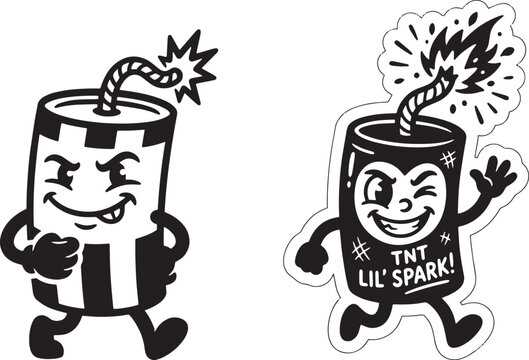 Funny tnt dynamite explosive characters mascot design set for fourth of july celebration holiday party graphic art supplies.