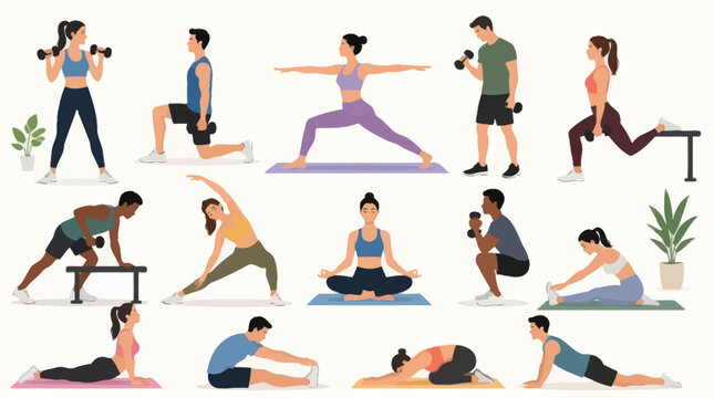 Diverse group of people performing various fitness exercises and yoga poses