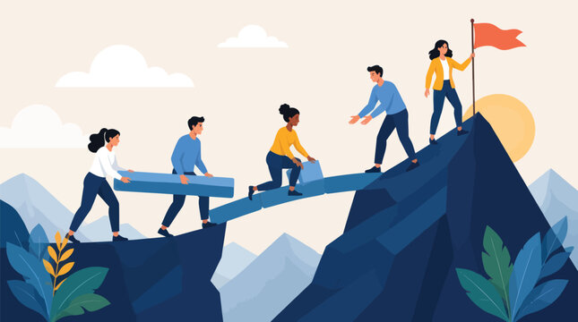 Teamwork builds a bridge to reach a mountain peak with a flag
