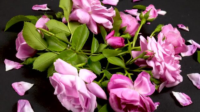 Fresh pink roses and rose petals are on a black table, top view, background