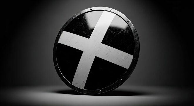 Medieval round shield with white cross on black background.