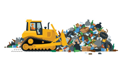 A yellow bulldozer pushes a large pile of assorted garbage and debris © dadu